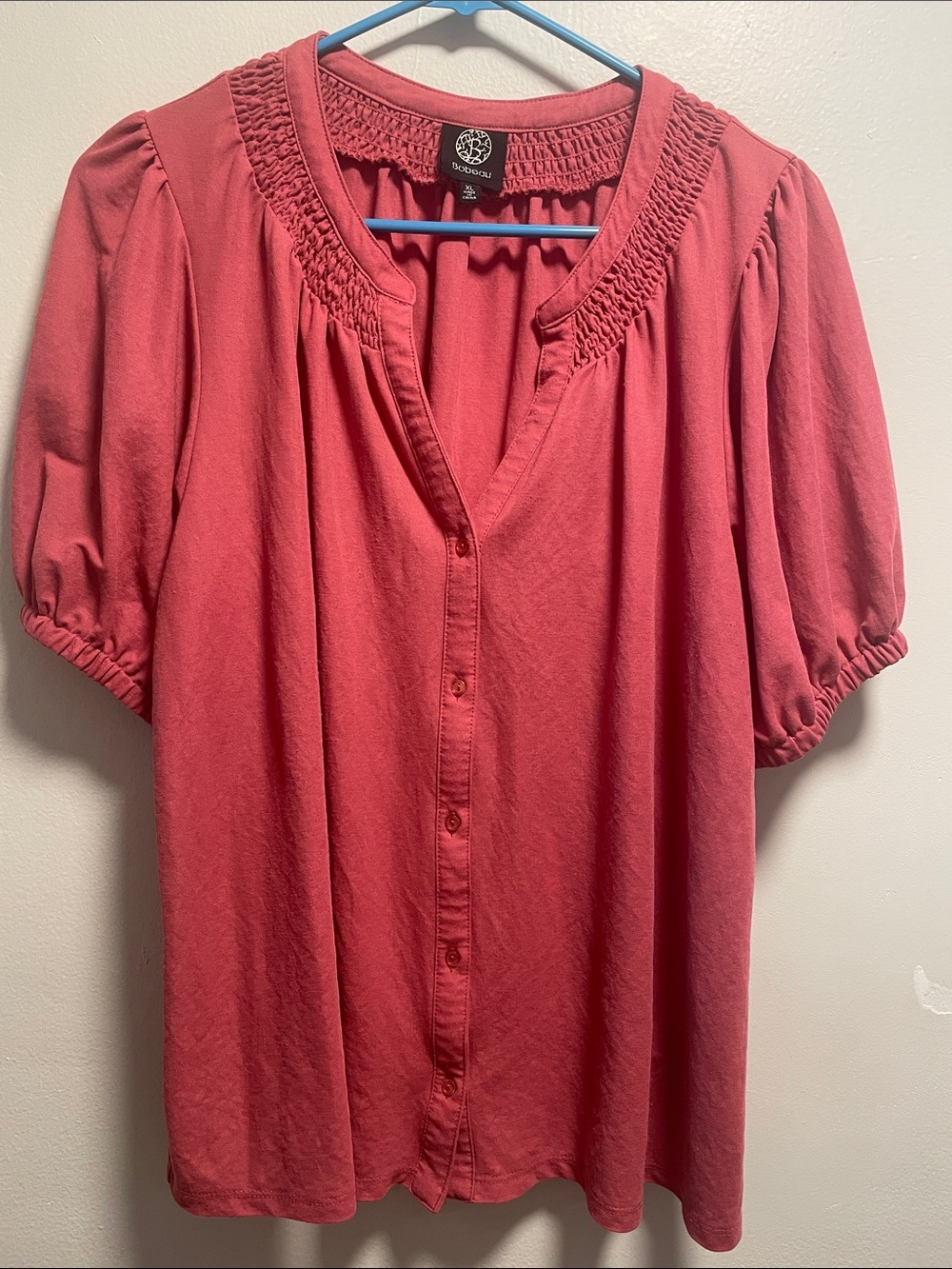 Boho dusty pink smock collar v-neck blouse with puff sleeves